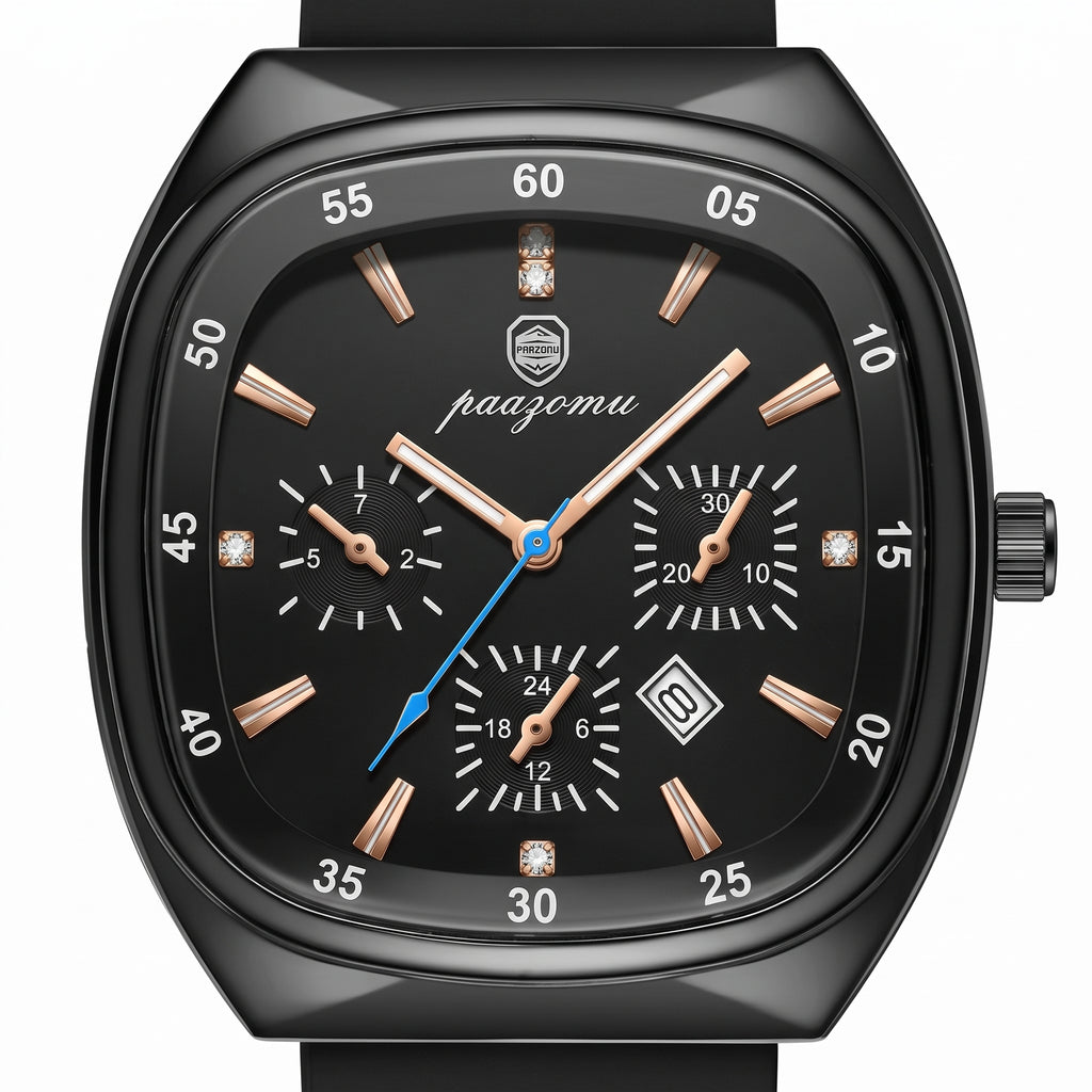Reloj Paazomu Chrono Sport, detalle macro de la esfera