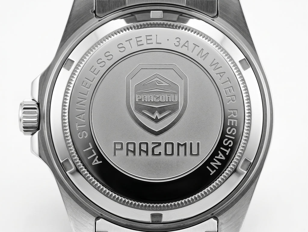 Reloj Paazomu Chrono Essential, fondo de la caja
